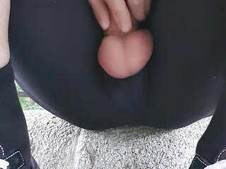 Korean boy masturbating in the park on a rainy day