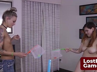 Brunette and blonde babes lick each other in lesbian seduction game