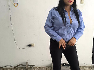 A female police officer is home, ready for her work break. She's a sweet, busty woman.