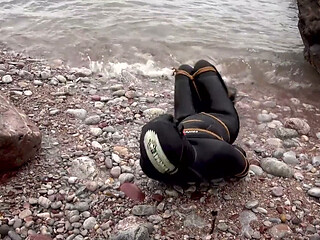 Begging to Be Tied up in 8mm Beuchat - Wetsuit Girl Struggles at the Shoreline