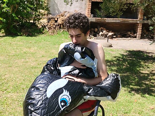 Beautiful Man Inflates His Inflatable Whale Near Pool Outside