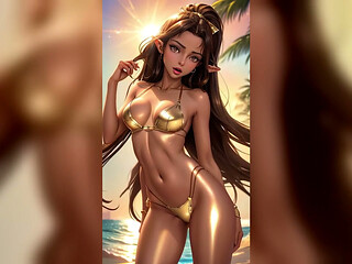 Brunette Elf Gold Bikini Sunset Beach Dance - Sexy AI Babes