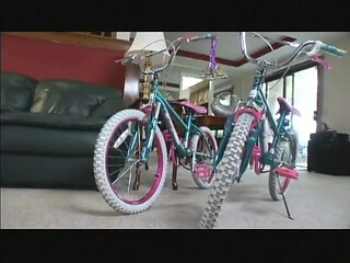 Hot young bitch masturbates with bicycle seat then stud fucks her cunt