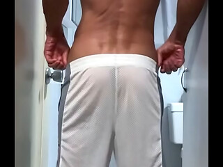 sixpac714 freeballing bulge in white mesh gym shorts