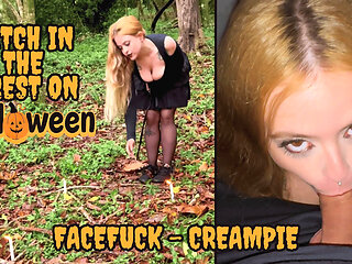 Hot Blonde Witch in the Forest on Halloween - Deepthroat Creampie Squirt