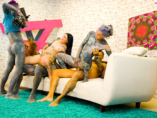 Tattooed Girls Pussy Orgy with Big Cumshots and First Timer