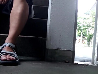 Fully naked exposure ejaculation on a public staircase