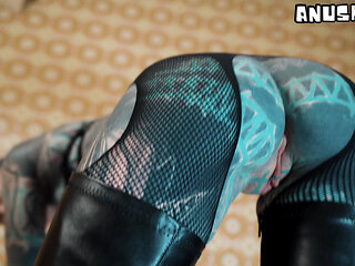 Tattooed Leather Bitch in Heels - Deep Anal Training Ride on Giant Black Cock on Chair