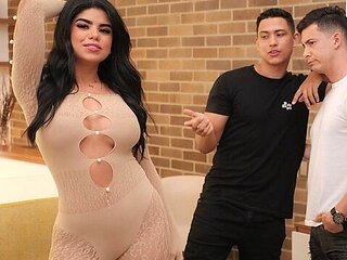 Two guys fucked a long-legged busty brunette Roxsana Gutierrez