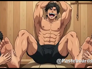 The Locker Room - Tied To The Lockers, Bare Feet In Their Hands (AI-Generated 2D Anime Bara)
