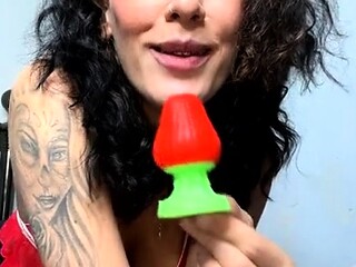 Tattooed Webcam Teen Rides Massive Toy