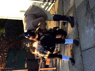 Brunette enjoys foot fetish outdoor
