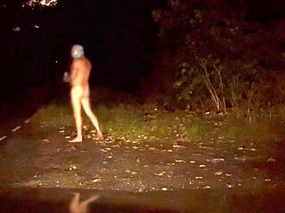 Wanking naked outside in road , few cars pass