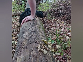 A young crossdresser in a cute outfit is impaled on a dildo and is riding it in the forest.