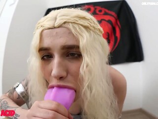 Daenerys Targaryen gets her pussy stuffed by a huge dragon dildo in a sexy