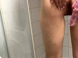 Real Amateur - Teen Arab Fucking myself in shower with a huge dildo makes me cum During Eid