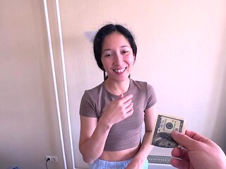 Skinny cleaning lady took money and had sex with him POV