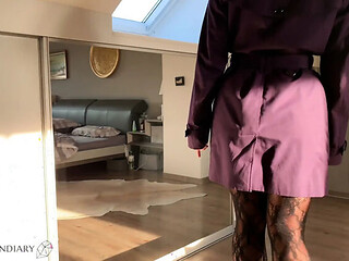 Bitch in trench coat gets ass-fuck ends with condom off