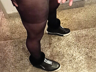 Young horny cock slut naughty guy jerks off his big cum dripping cock in girlfriend's kinky nylons