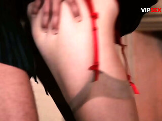 Sloppy Deepthroat From a Curvy Tattooed Blonde in Red Stockings... Gags on Cock