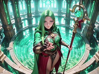 Under the Ethereal Blue Glow of a Gothic Cathedral, She Kneels with Her Staff, Eyes Locked on You.