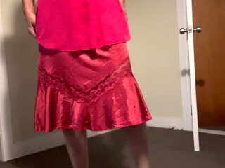 All in red. Slip babydoll bra high heels. Oh yeah