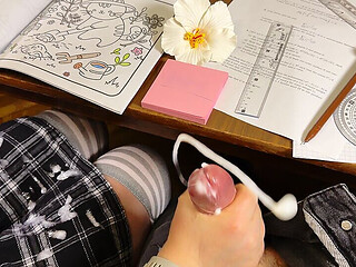 Sexy College Girl Jerking Him off in Physics Class Under the Table