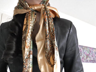 Satin Headscarf Fashion Show, Satin Headscarf and Leather Jacket, JOI Lady Victoria Valente