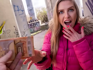 Blonde Beauty Sucks for Cash Then Takes It Doggy in a Secret Spot