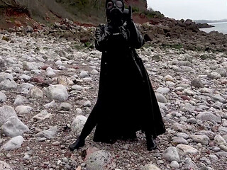 Gas Mask Goddess - Rubber Wetsuit & Pvc Mac Beach Tease