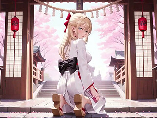 Blonde Kimono Girl! From Cherry Blossom Shrine to Bedroom, Black Lace Contrast!