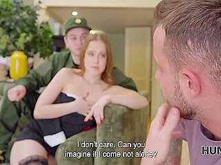 Small-titted Redhead Maid Gets Analized By Her Boss While Her Cuckold Military Bf Is Standing Guard