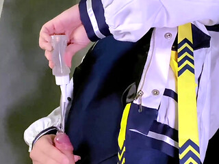 femboy suisei cosplayer in school swimsuit cums with automated stroker