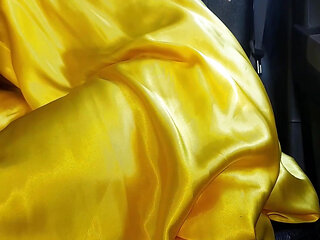 Sexy Crossdresser Masturbating Wearing Yellow Satin Shiny Dress In review Visible