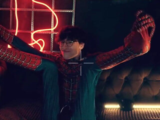 Spider Man Costume. Bottom Boy a Pose. Ass Hole