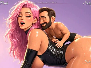Pink-haired Anime Giantess on All Fours Gets a Cheek Kiss From Her Tiny Man