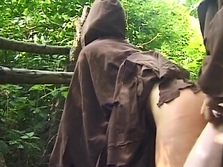 Mature MILF in Monk Robes Sucks Cock Blindfolded Outdoors