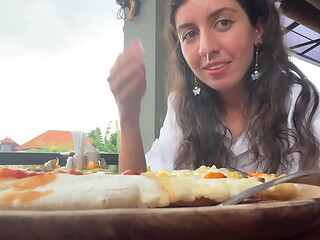 Walking with cum on face in cafe - Girl eats pizza and swallows cum - Cumwalk