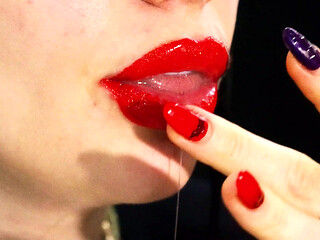 Red lips and a games with liquids and saliva! Milk and coffee! 4K -NO AUDIO-