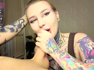 Inked Shemale Gives Passionate Handjob & Blowjob