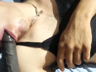 Gay slim dildo in mouth and tongue in thong