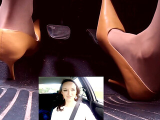 Driving in Leather Pointing Pumps and Nude Stockings