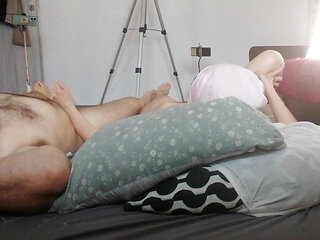 My wife gives me a handjob and cum on her boobs.
