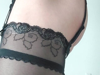 In sexy lingerie suspender thong stockings