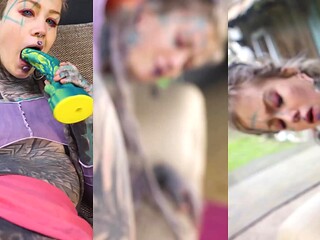 Tattooed GF takes big toy and real cock in various positions