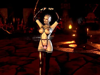 Gothic dominant Pinhead female in BDSM costume dancing solo in dungeon