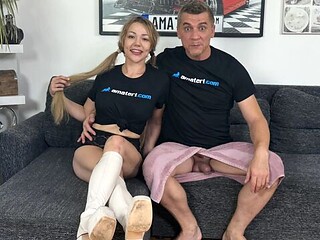 Pixie Ray white knee-high boots blowjob on gray sofa