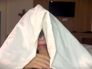 She Crawled Out From Under the Blanket for Extreme Sloppy Deepthroat on Huge Cock