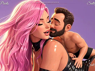 Pink-haired Anime Giantess on All Fours Gets a Cheek Kiss From Her Tiny Man