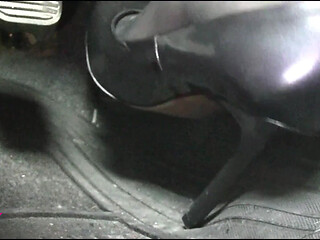 Revving and Driving in Black Pantyhose and Grey High Heels